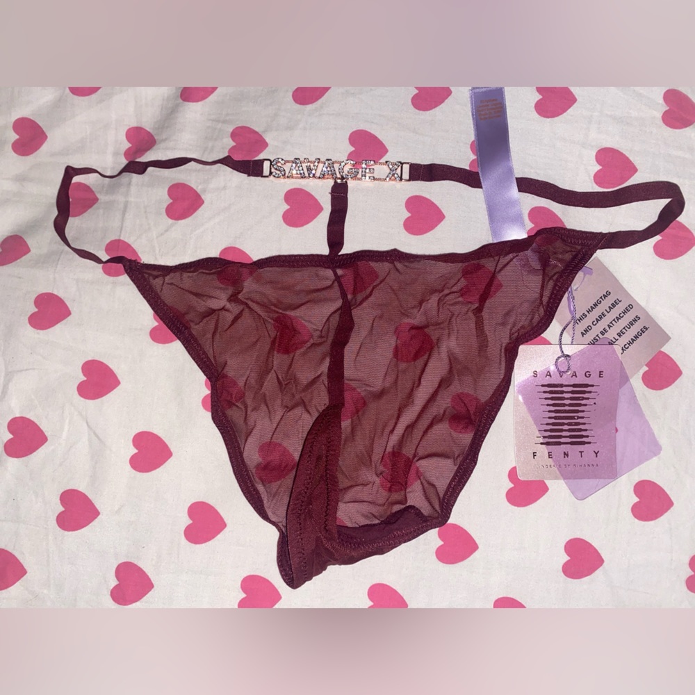 Savage X Fenty Rhinestone Charm Detail Thong Panty - Maroon - NWT